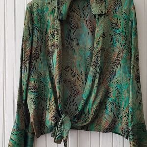 Cache Silk Satin Peacock Feathers Pattern Tie Front Long Sleeve Blouse 80s 90s